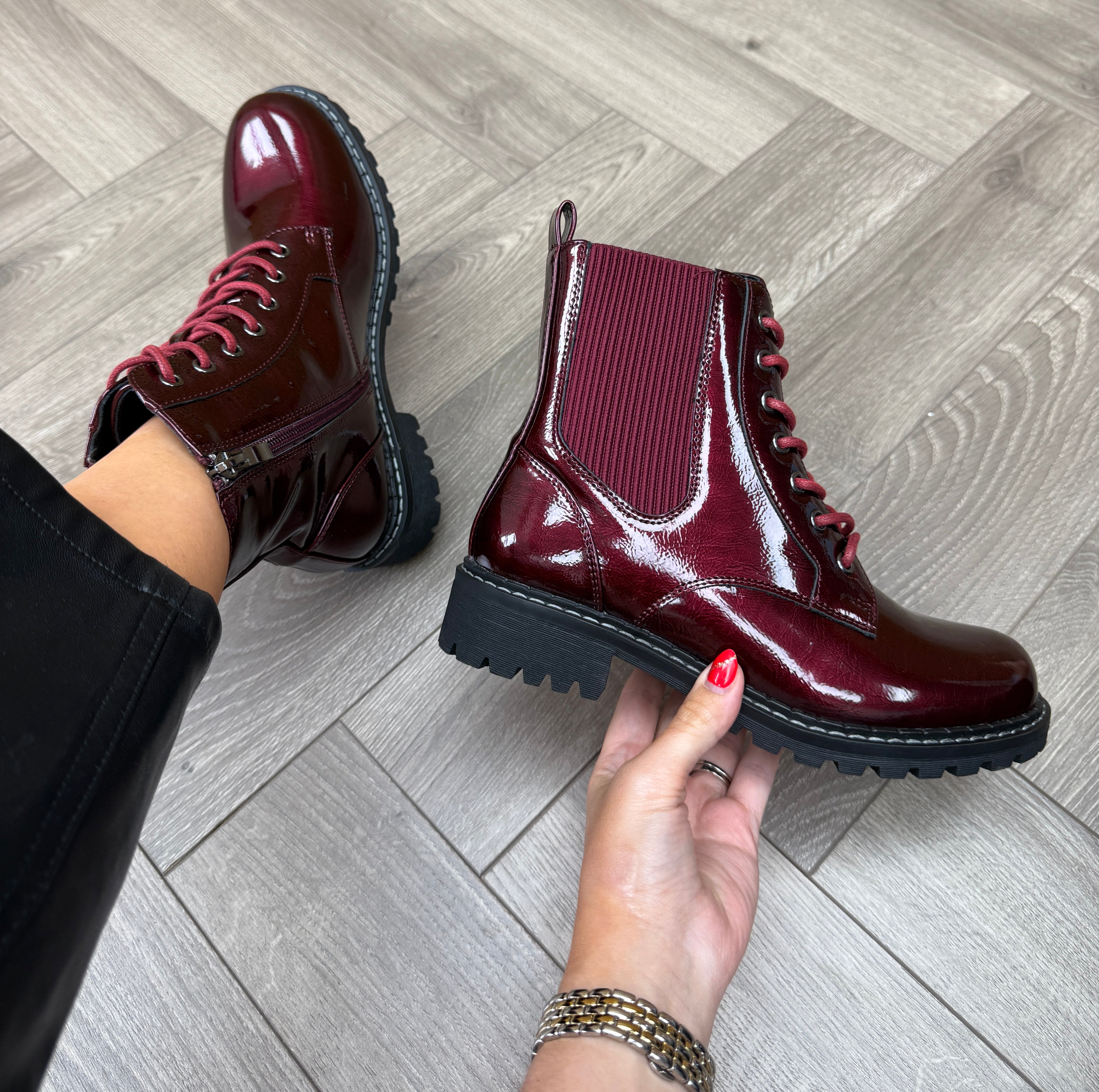 Lunar 'Alexis' GLW035 Patent Laced Boot With Elastic Side