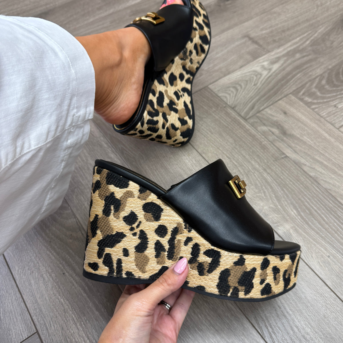 Guess (GU19) FLJE3VELE04 Wedge Mule With Leopard Print Heel- Black ...
