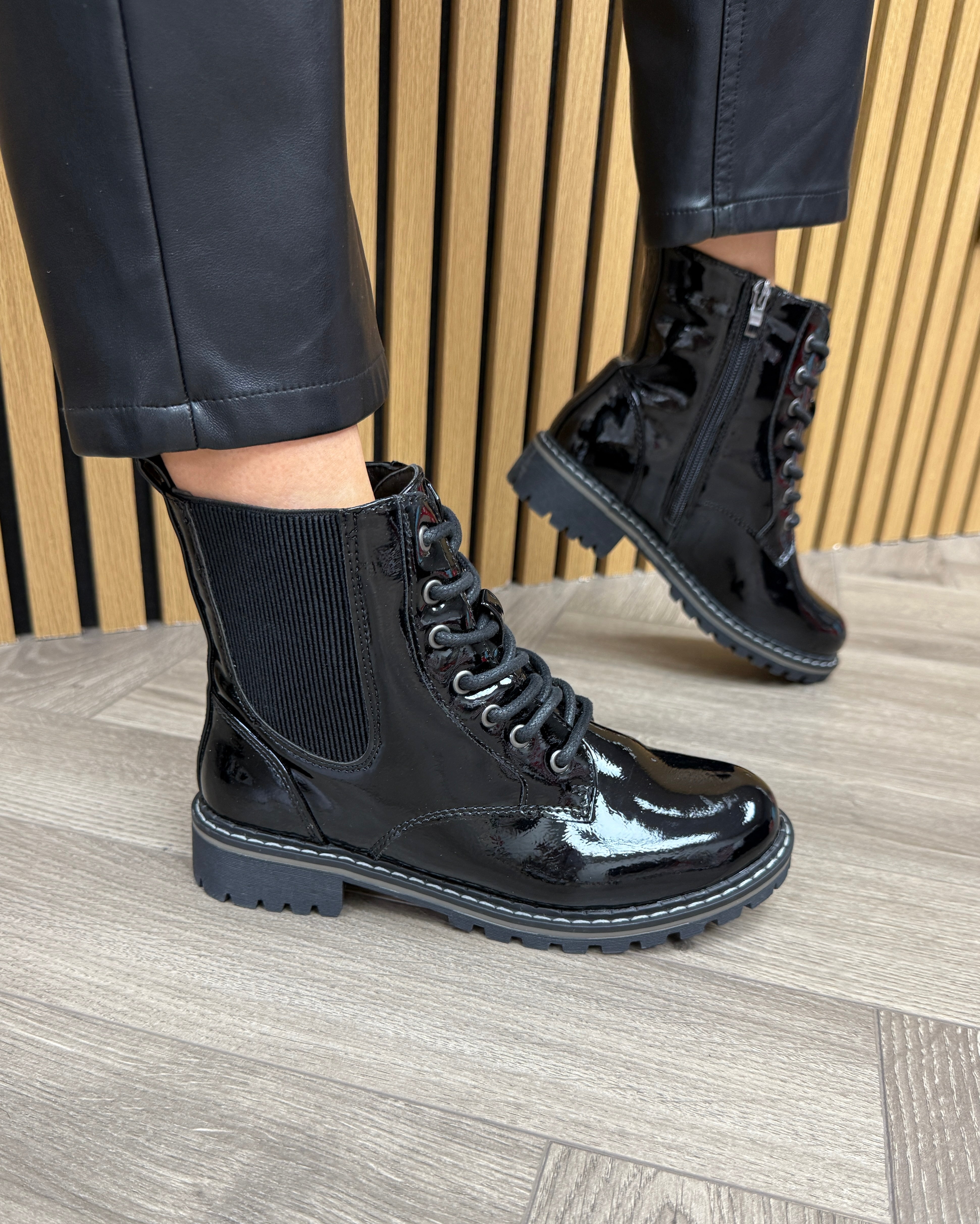 Lunar 'Alexis' GLW035 Patent Biker Boot With Elastic Side