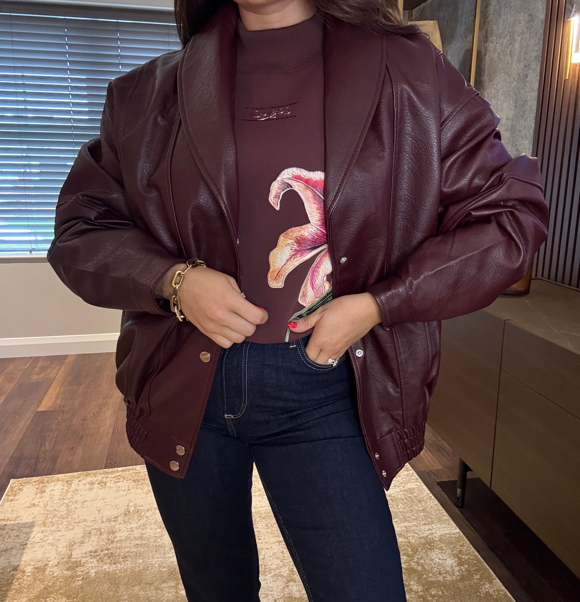 Faux Leather Over Sized Biker Jacket 'CV2190-20' Burgundy (CL8AW