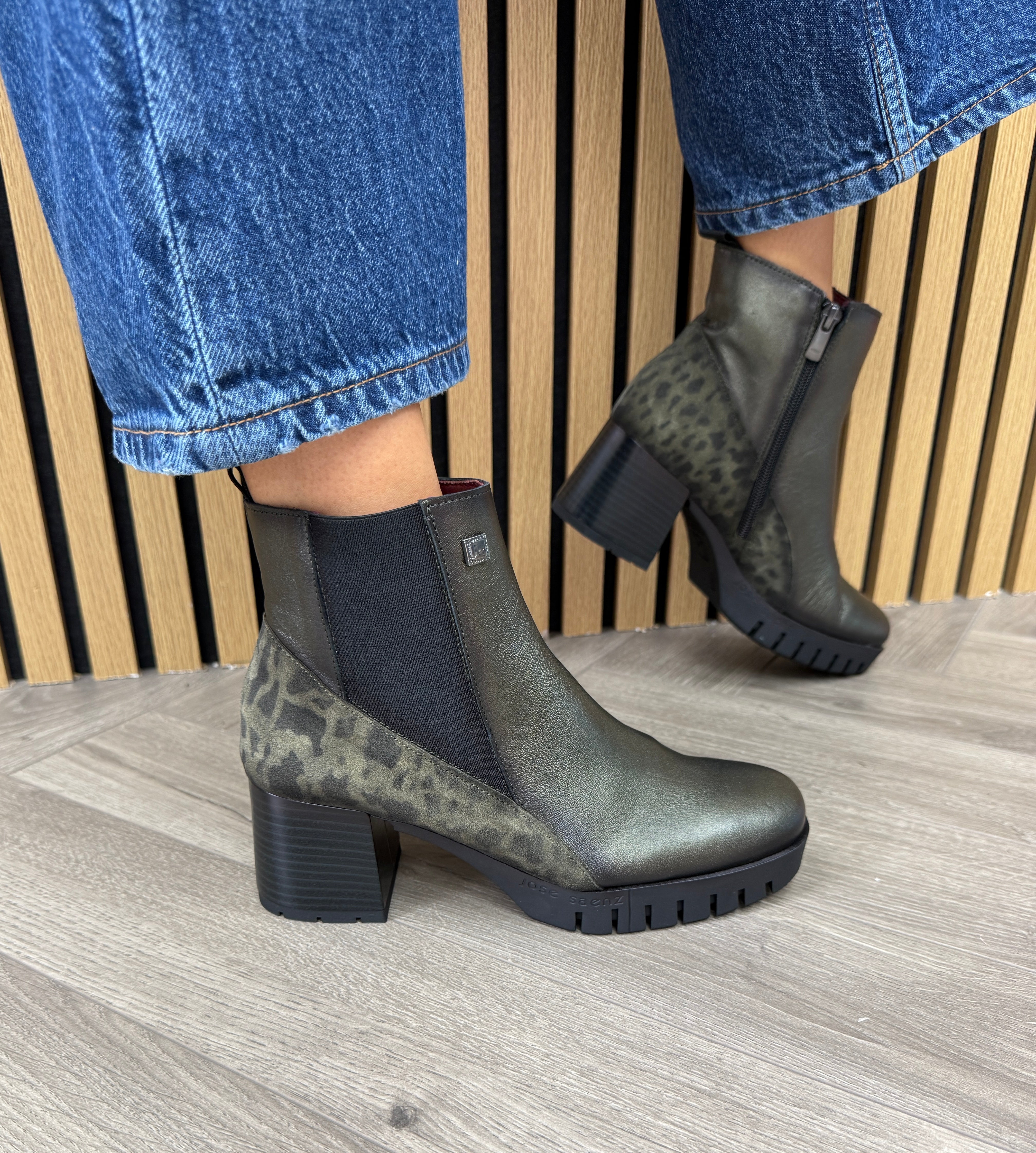 Jose Saenz 5383-Mu-Co Platform Chunky Heel Boot - Kaki/Muga