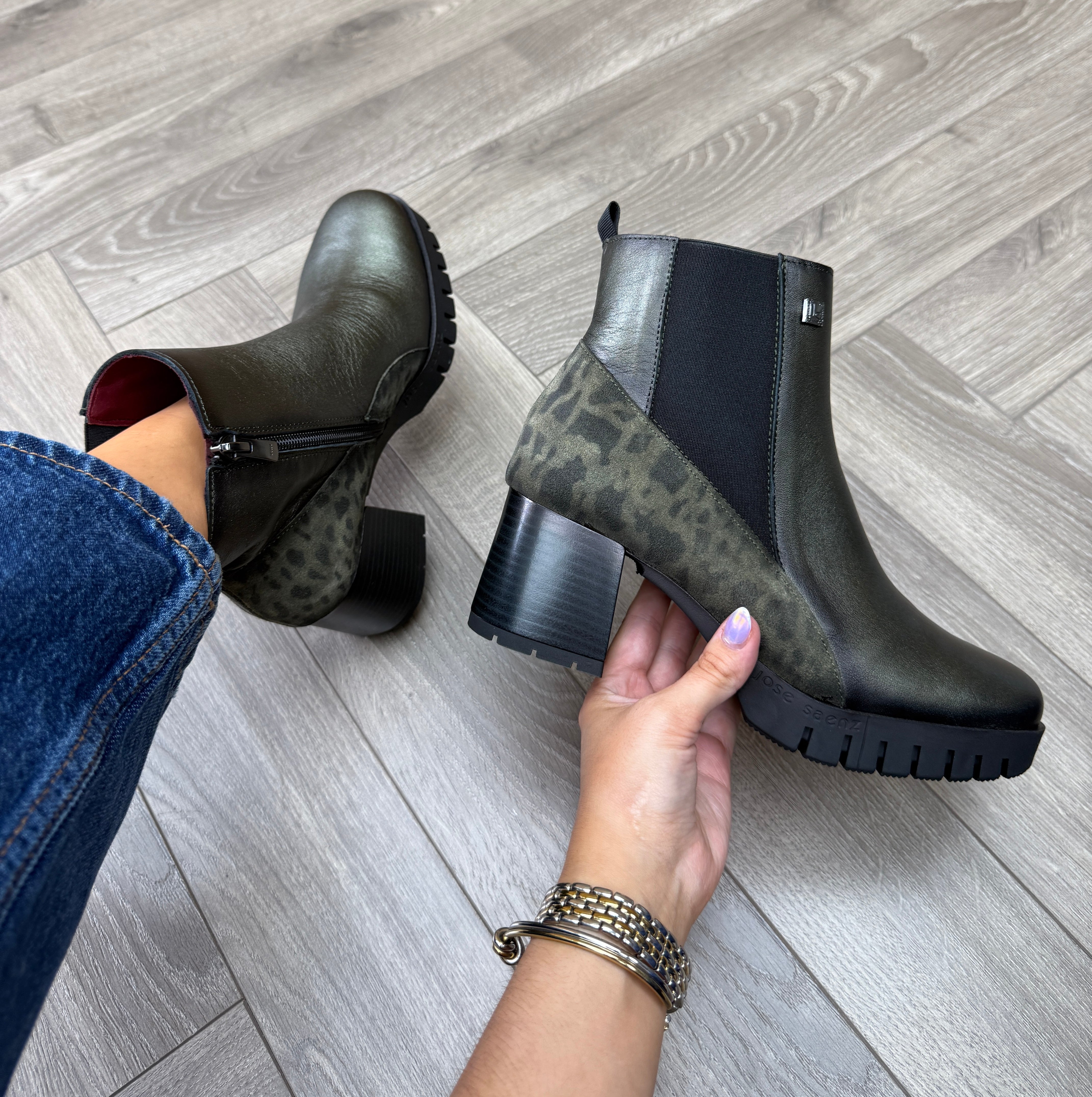 Jose Saenz 5383-Mu-Co Platform Chunky Heel Boot - Kaki/Muga