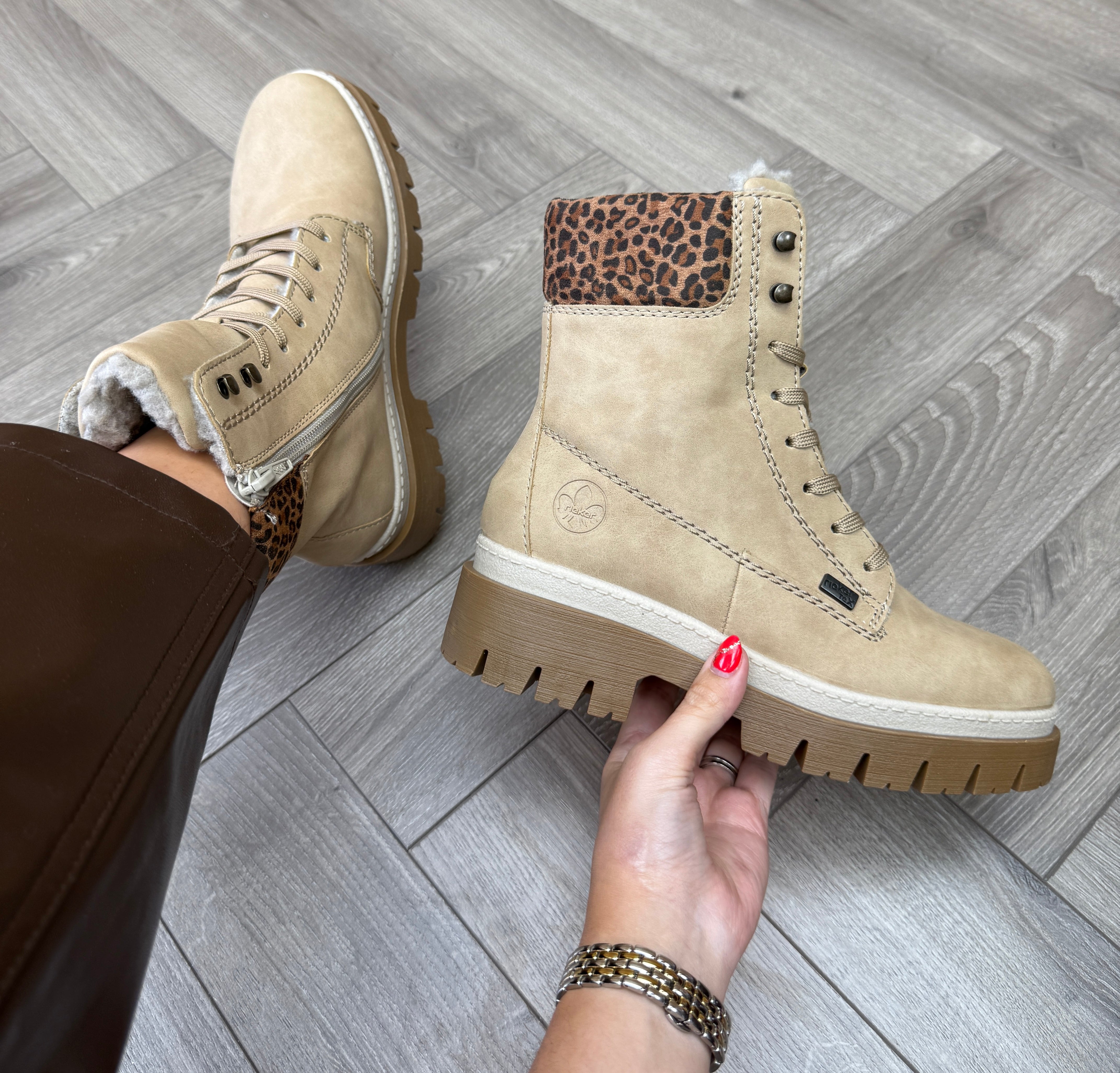 Rieker Z9430-60 Chunky Sole Boot With Leopard Cuff - Beige