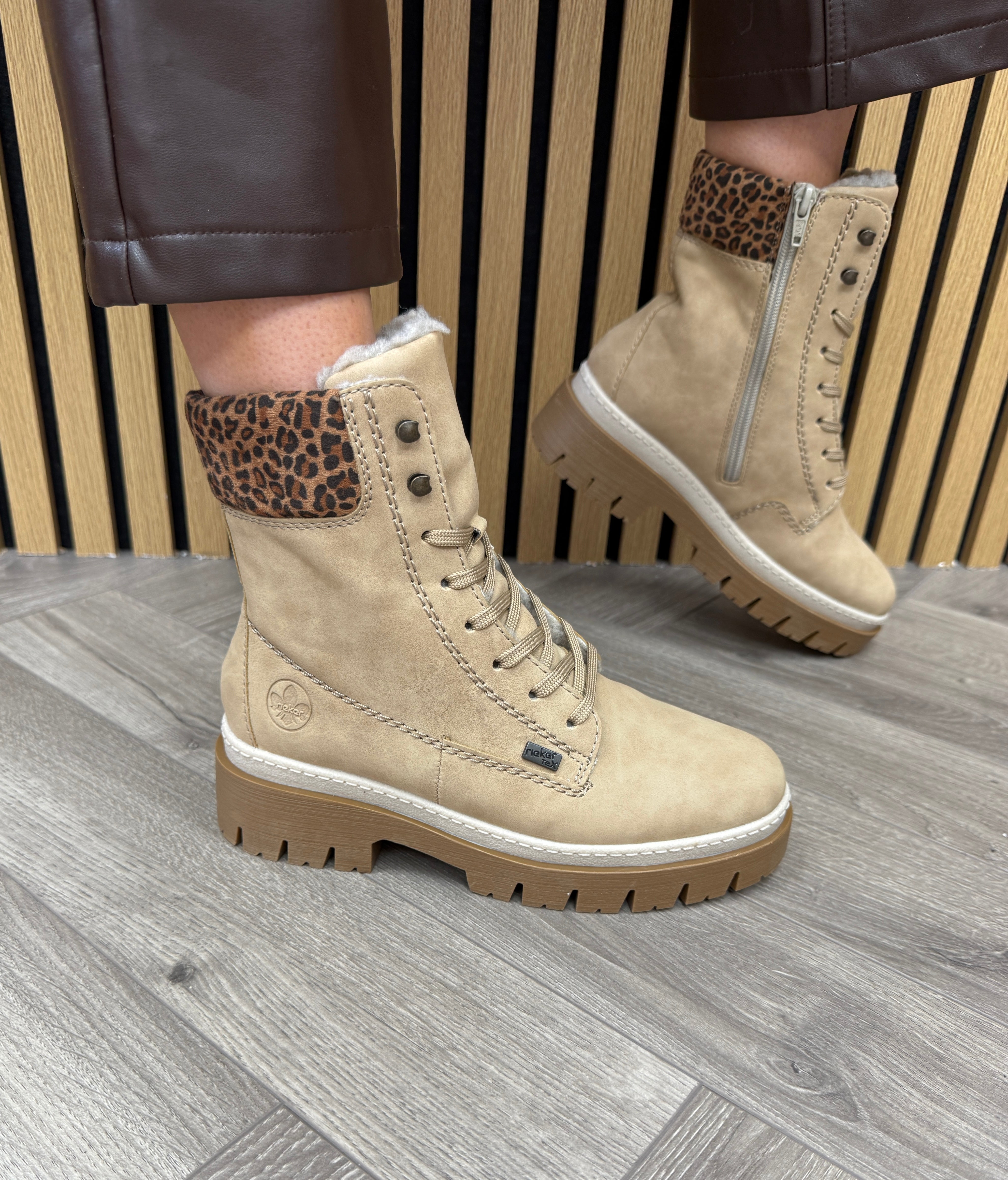 Rieker Z9430-60 Chunky Sole Boot With Leopard Cuff - Beige