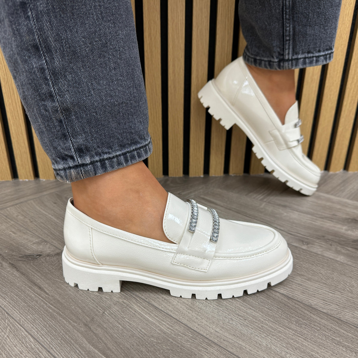 Marco Tozzi (SS25) Patent Loafer With Diamanté Detail 24701 - Cream Pa ...
