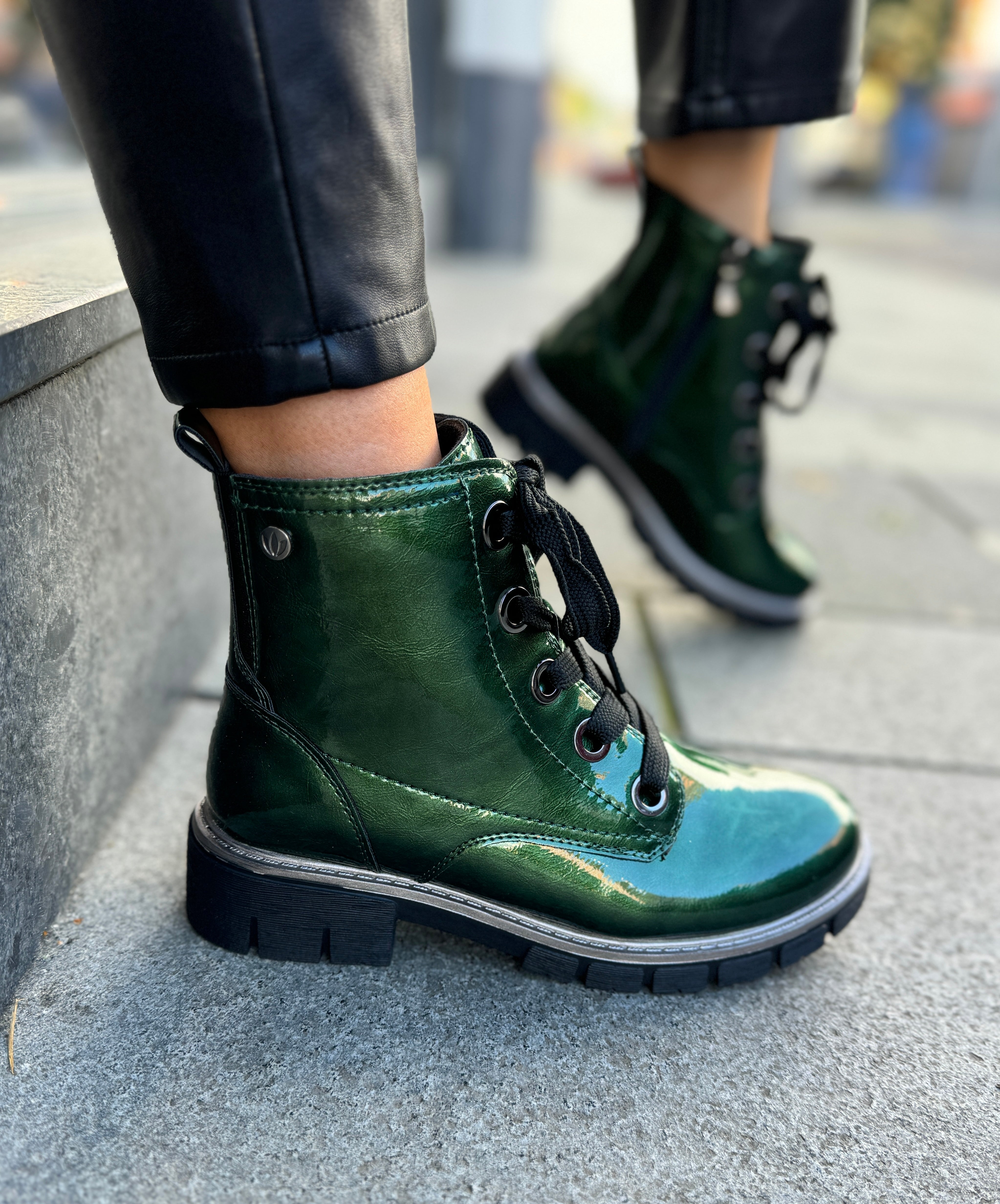 Lotus JOJO Patent Biker Boot ULB350 Green Patent L3 Fred Funk